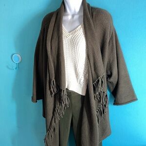 Pure Collection Womens Size S / M Handknit Olive Green Sweater with Fringe & Pin